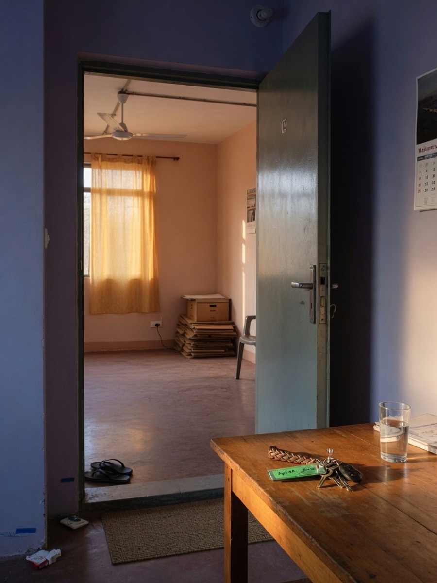 Open doorway and keys on a wooden table in afternoon light