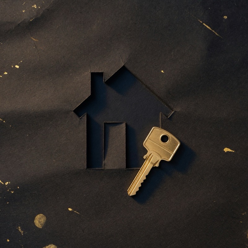 Gold key and house silhouette on dark paper