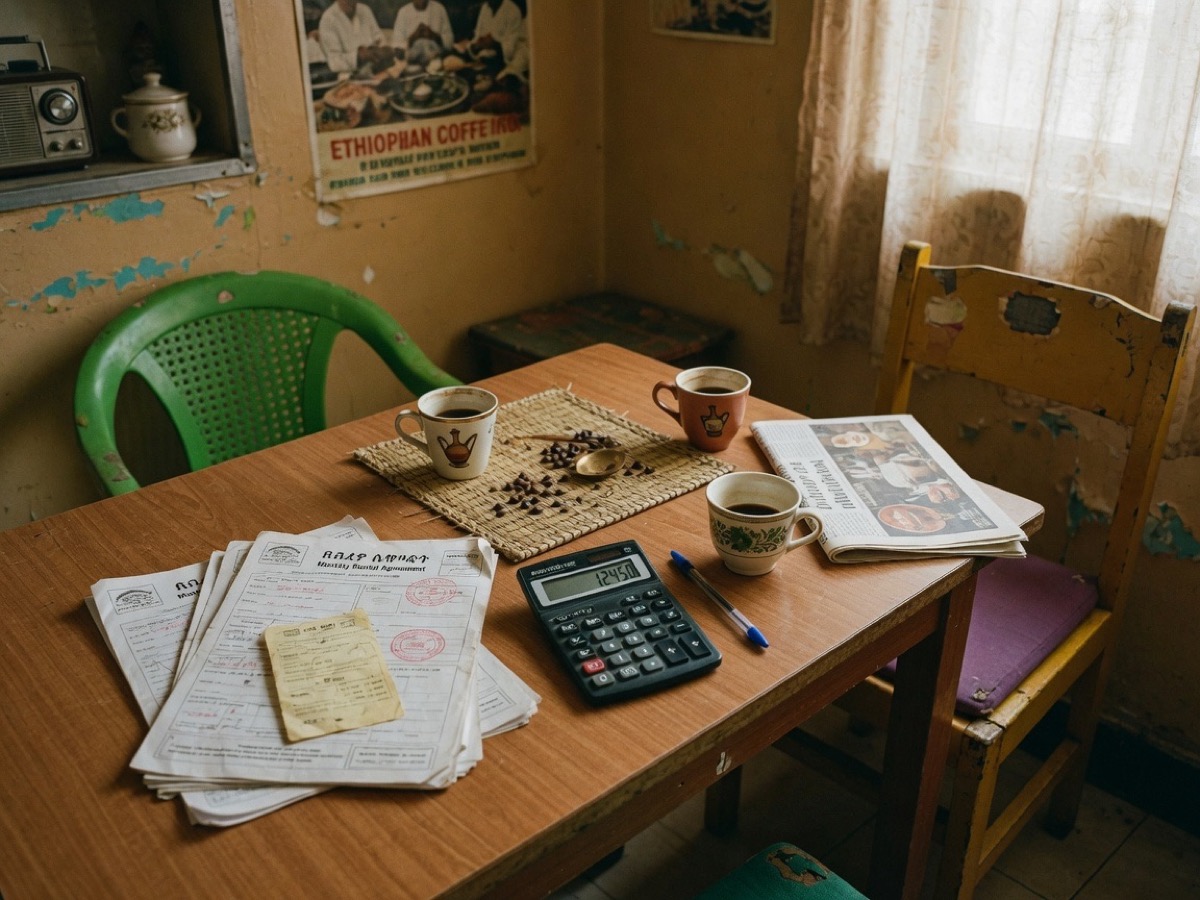 Kitchen table with coffee cups and rent papers