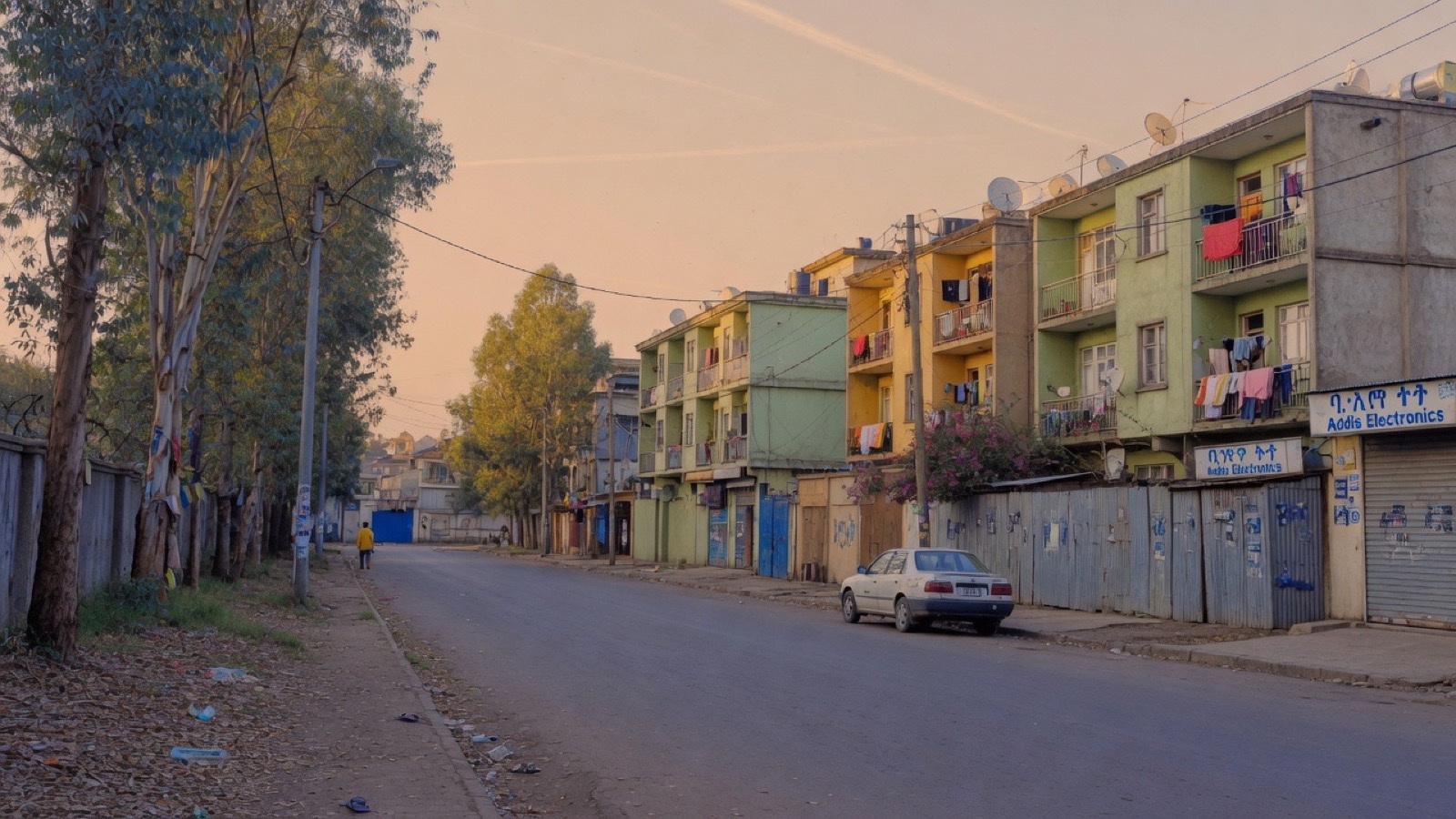 Quiet residential street at golden hour